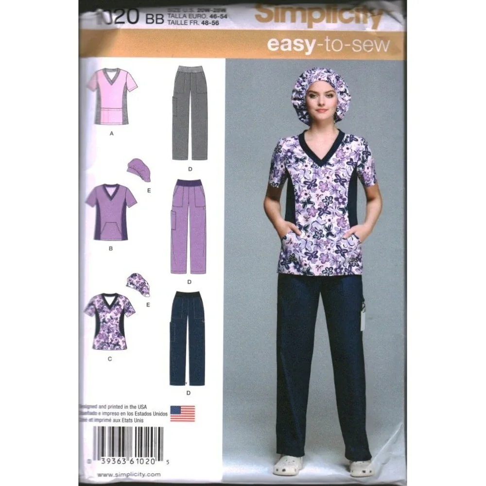 Simplicity 1020 BB Sewing Pattern Women Scrub Tops Pants Hat Size 20W-28W Uncut
